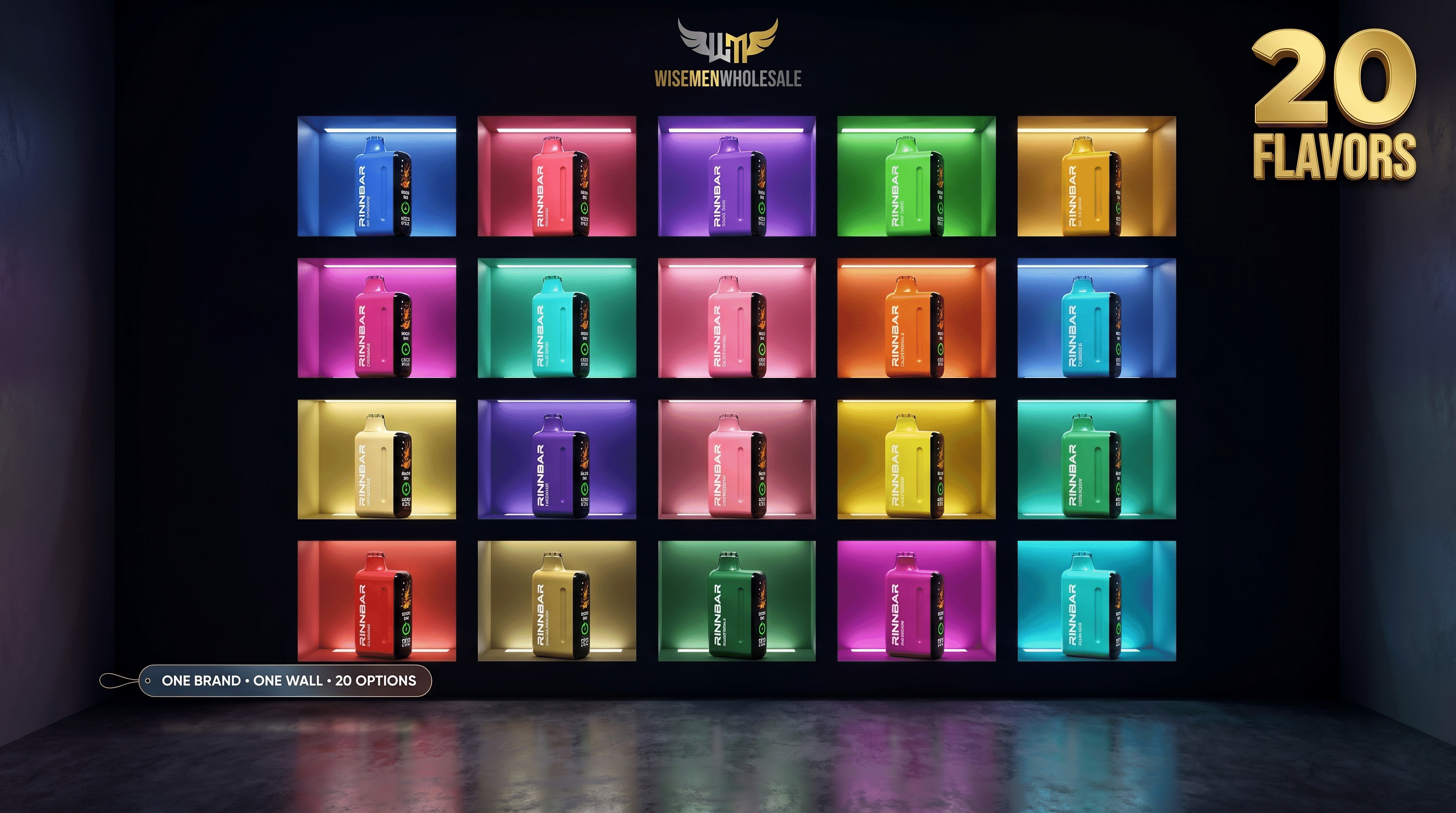 Rinnbar 50K disposable vape full flavor lineup 20 flavors wholesale display wall